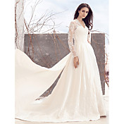 A-Line V Neck Chapel Train Lace Over Sati...