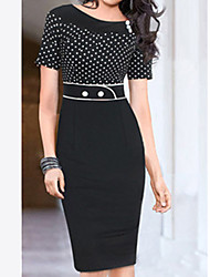 billige -Dame Arbeid Gatemote Bomull Skjede Kjole - Polkadotter Knelang Svart / Tynn