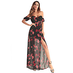 Damen Chiffon Kleid - Gitter Gespleisst Druck, Blumen Maxi Schulterfrei Damen Chiffon Kleid - Gitter Gespleisst Druck, Blumen Maxi Schulterfrei