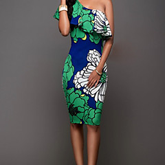 Damen Boho Aufflackern-Hülsen- Bodycon Kleid - Rückenfrei Druck, Pflanzen Ein-Schulter Hohe Taillenlinie Damen Boho Aufflackern-Hülsen- Bodycon Kleid - Rückenfrei Druck, Pflanzen Ein-Schulter Hohe Taillenlinie