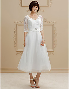 A Line Tea Length Wedding Dress