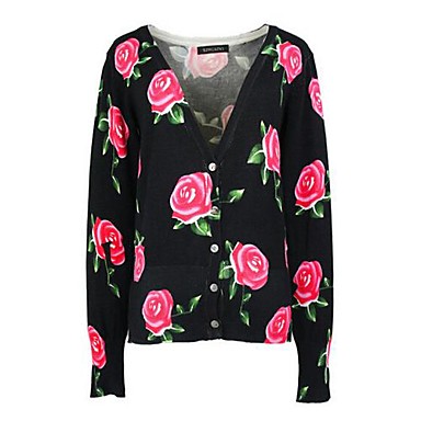 Women's Rose Flower Printing V-Neck Cardigan Slim Knit Sweater 1670767 ...