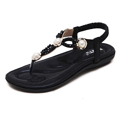 Women's Shoes PU(Polyurethane) Spring & Summer T-Strap Sandals Flat Heel Rhinestone / Pearl Black / Blue Women's Shoes PU(Polyurethane) Spring & Summer T-Strap Sandals Flat Heel Rhinestone / Pearl Black / Blue