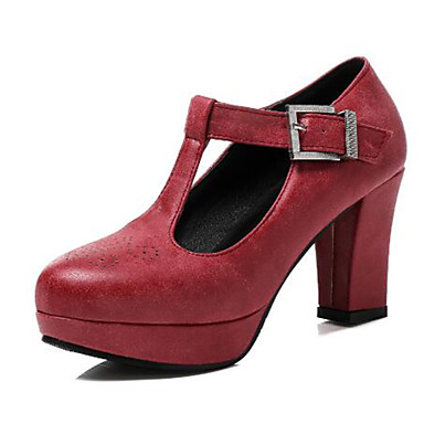 Women's Shoes PU(Polyurethane) Spring & Summer T-Strap / Basic Pump Heels Chunky Heel Round Toe Buckle Black / Red / Green / Party & Evening Women's Shoes PU(Polyurethane) Spring & Summer T-Strap / Basic Pump Heels Chunky Heel Round Toe Buckle Black / Red / Green / Party & Evening