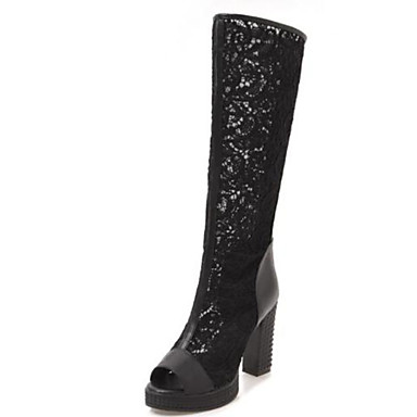 Women's Shoes Lace / PU(Polyurethane) Spring & Summer Slouch Boots Boots Chunky Heel Peep Toe Knee High Boots White / Black / Beige / Party & Evening Women's Shoes Lace / PU(Polyurethane) Spring & Summer Slouch Boots Boots Chunky Heel Peep Toe Knee High Boots White / Black / Beige / Party & Evening