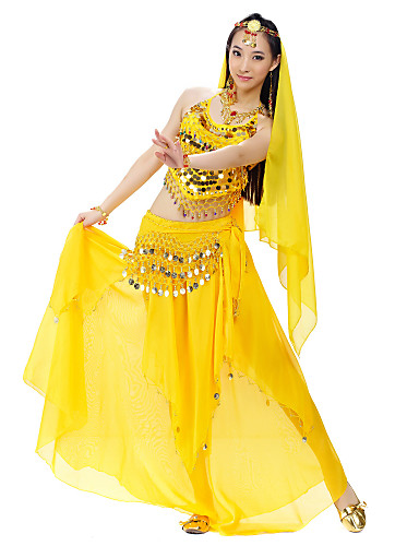 Belly Dance Outfits Womens Training Performance Chiffon Beading Coins Sequins 4 Pieces 2695