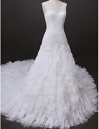 Lanting Bride® Fit & Flare Wedding Dress Cathedral Train V-neck Tulle ...