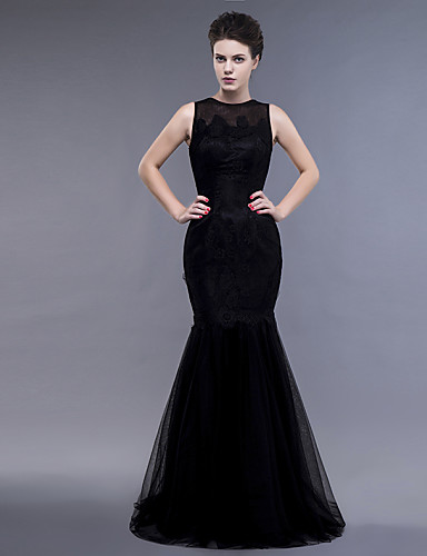 Fit & Flare Jewel Neck Floor Length Lace / Tulle Formal Evening Dress ...