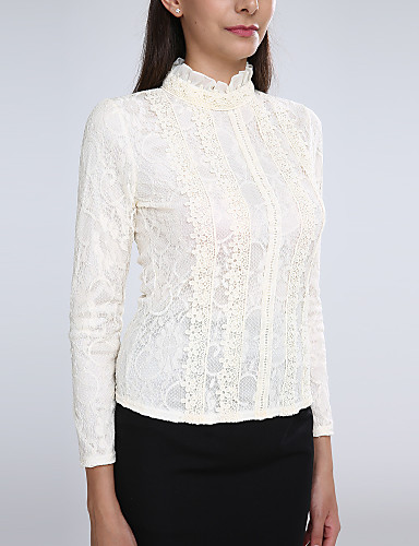 Women's Lace Casual/Daily Simple Spring Blouse,Solid Stand Long Sleeve ...