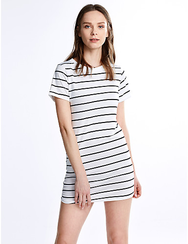 Women's Cotton Shift Dress - Striped White Mini Crew Neck / Fine Stripe ...